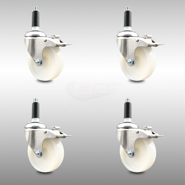 4 Inch 316SS Nylon Wheel Swivel 7/8 Inch Expanding Stem Caster Set Lock Brake